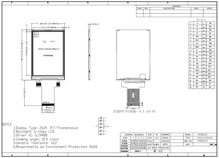 Polcd 320x480 3.5 Inch TFT Panel Spi 8 / 9 / 16 / 18 Parallel Interface màn hình LCD