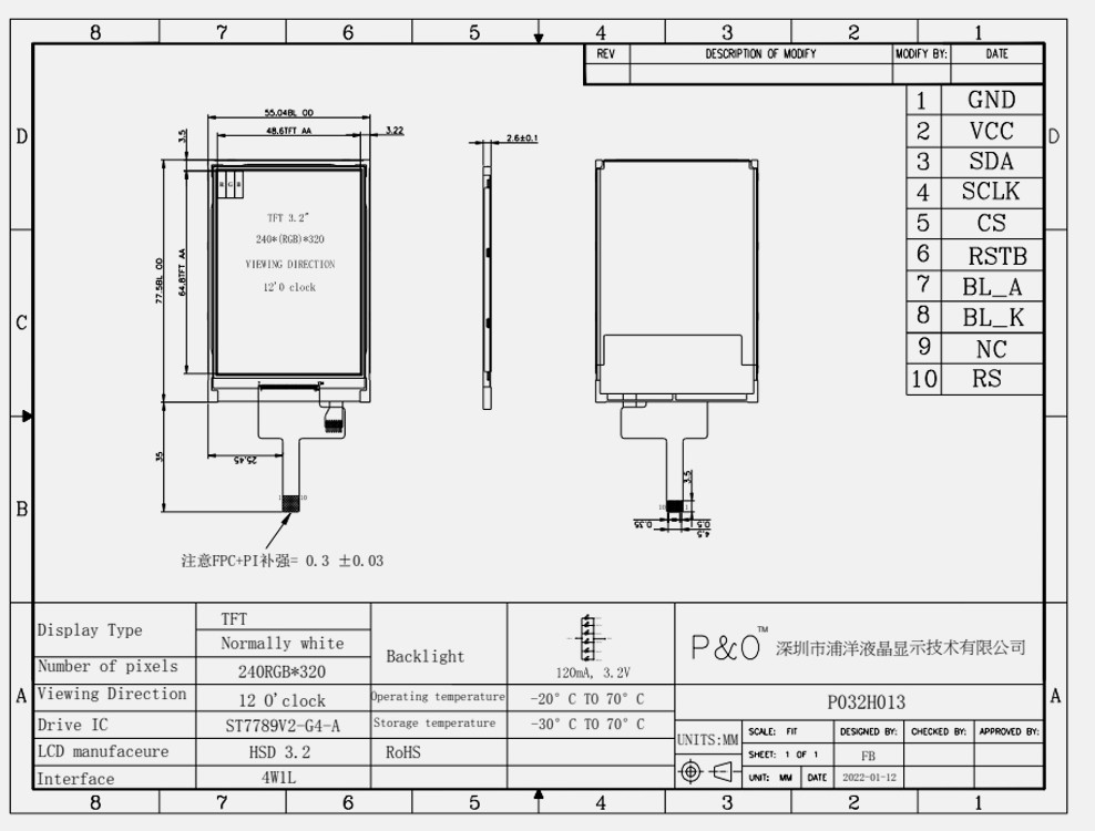 Polcd ST7789V 3,2 inch Tft Lcd Màu 262K Màn hình LCD TFT 48,6mm 12 0'CLOCK