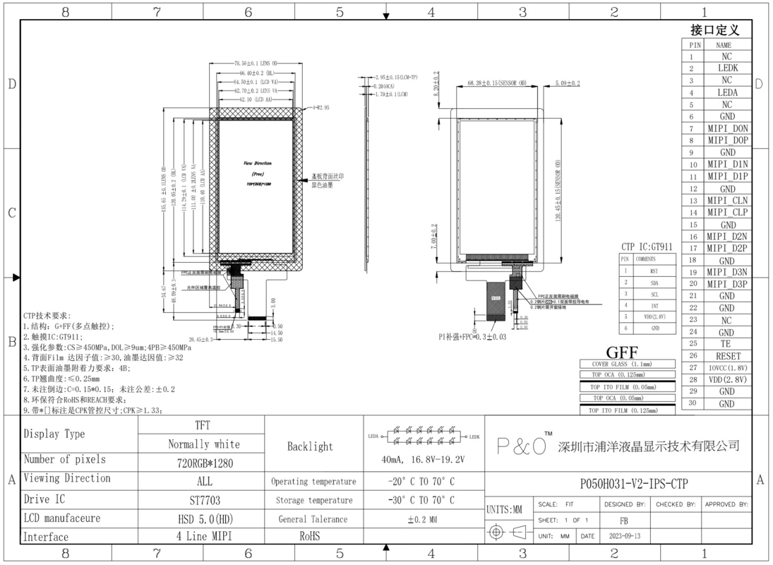 Polcd 5 Inch LCD Vertical Screen 720 * 1280 MIPI Interface Bảng cảm ứng dung lượng IPS 5' TFT