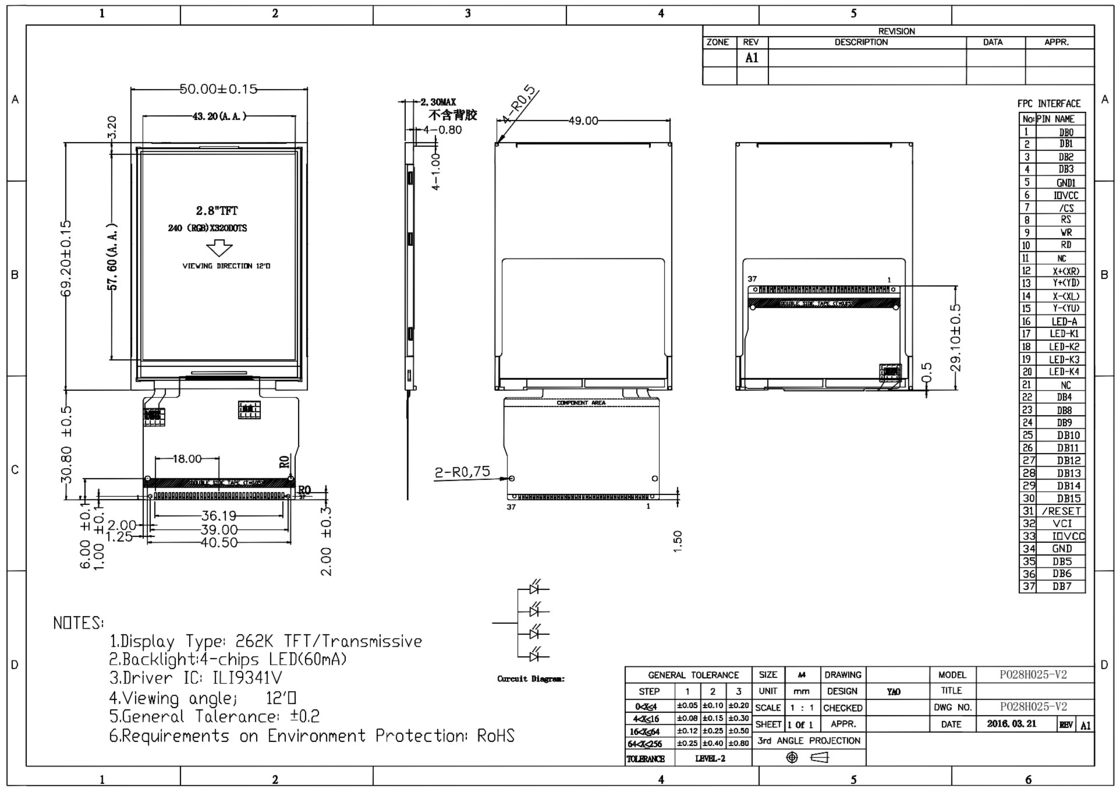 Màn hình TFT HD Polcd RoHS 2,8 inch 8080 MCU Màn hình LCD Tft 16 bit