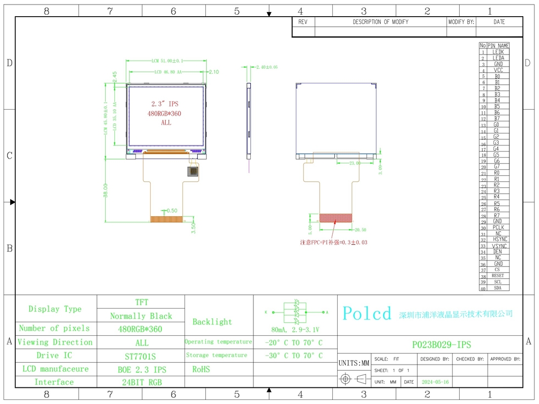 Polcd Square TFT Screen 2.31 inch LCD Module 480 * 360 IPS Nhìn góc 40 pin màn hình LCD