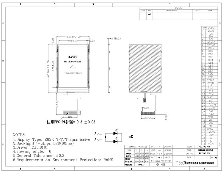 Polcd 960x240 Pixels Màn hình LCD 2,7 inch Màu sắc Màn hình TFT nhỏ 262K