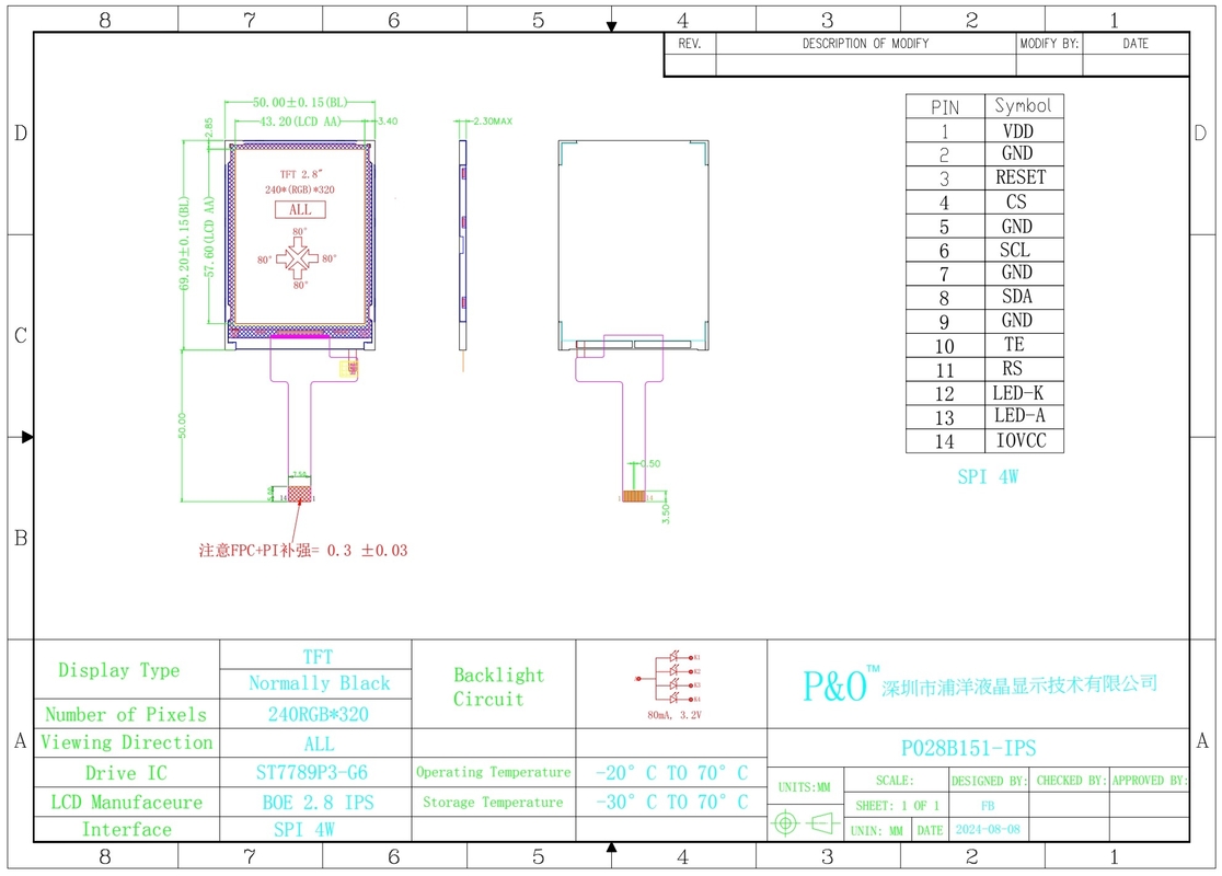 Polcd Nhà sản xuất 2.8 inch ma trận 240x320 màn hình TFT 20 Pin FPC LCM ST7789 LCD Module