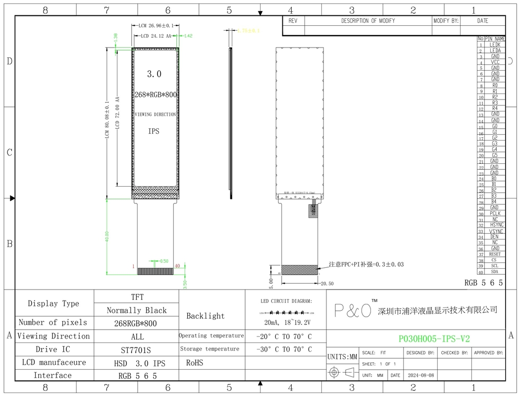 Polcd 3 inch Color Screen Module 268*800 ST7701S ic Độ sáng cao IPS 3