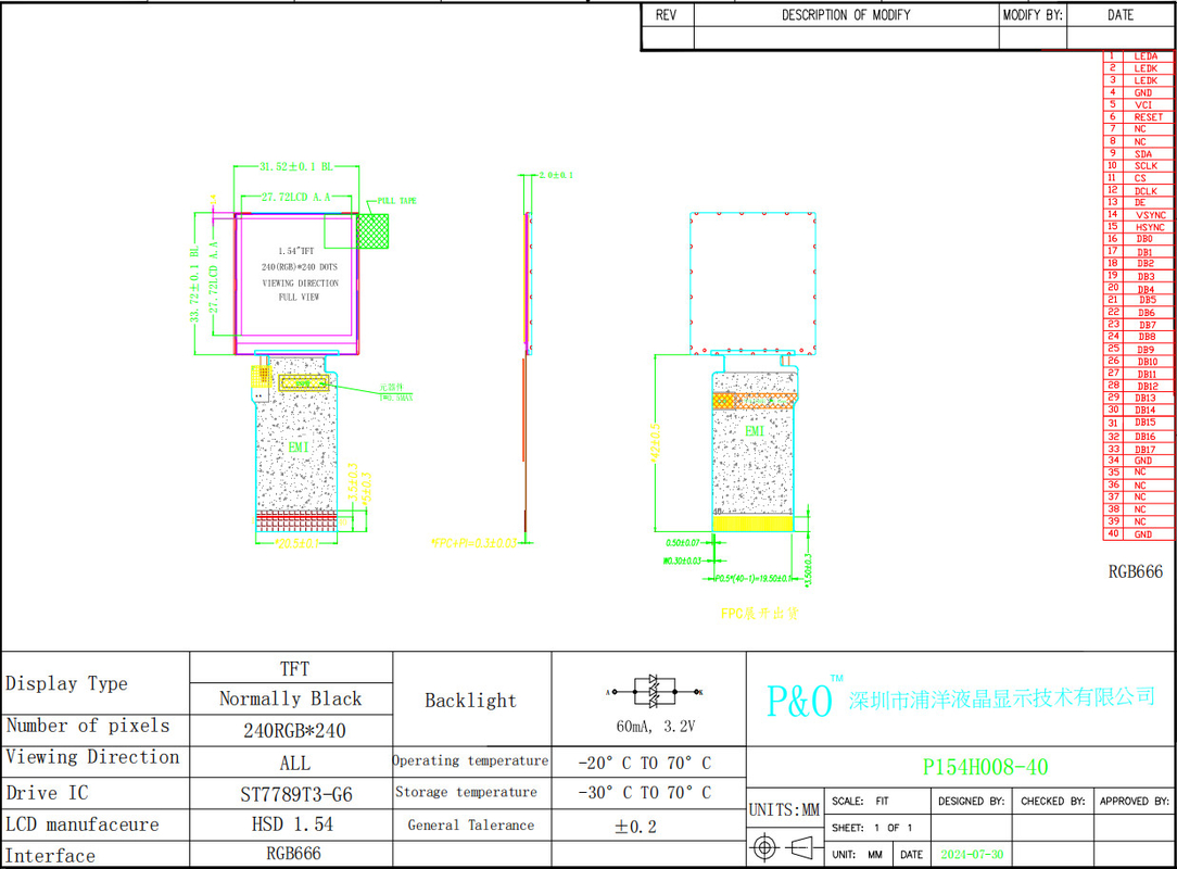 Polcd 1,54 Inch TFT LCD Display 240x240 IPS Square Screen 40 pin RGB666 Interface LCD Panel