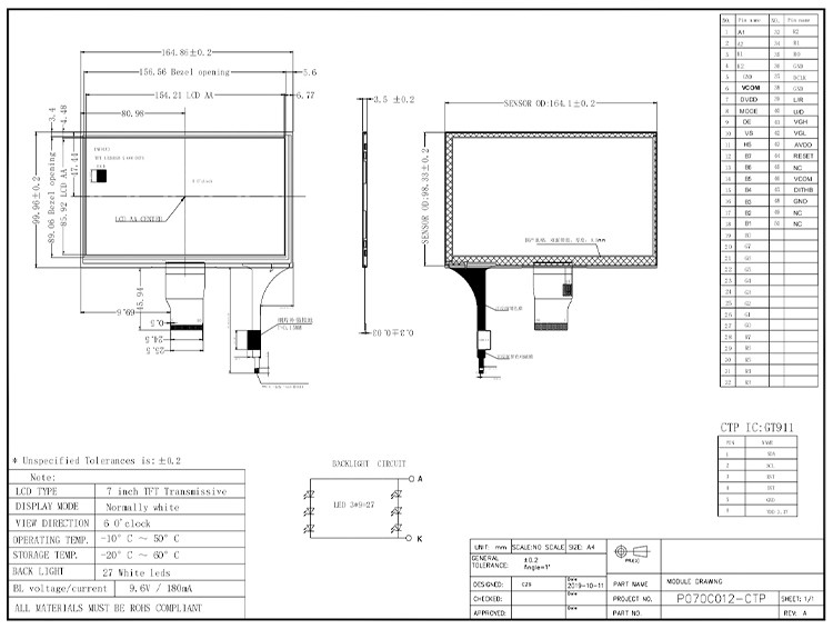 Polcd 7 inch Module LCD kích thước trung bình 800 * 480 Hiệu độ sáng cao Capacitive Touch TFT Display