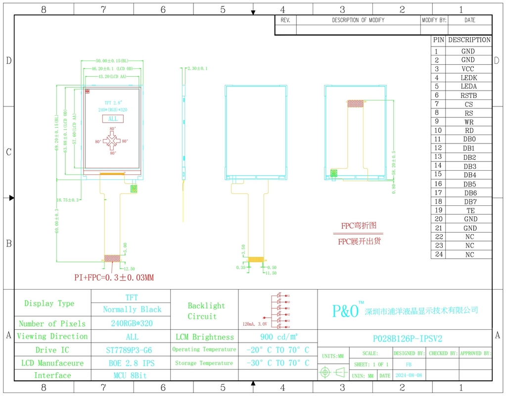 Polcd 2.8 Inch màn hình LCD 240x320 MCU giao diện góc nhìn rộng TFT Transflective LCD Module với ST7789P3-G6