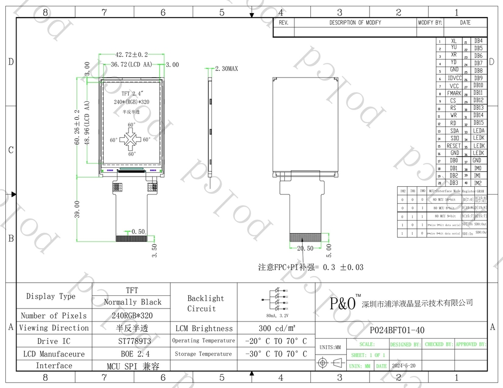 Màn hình LCD đủ màu Polcd Transflective 2,4 inch TFT SPI MCU 20 pin Qvga 240x320 TFT LCD