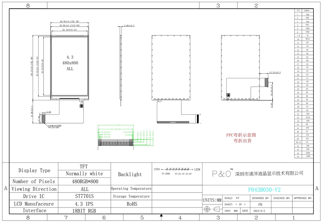 Polcd 480x800 4,3 inch màn hình LCD 400nit Độ sáng 18 bit giao diện RGB Tft Display