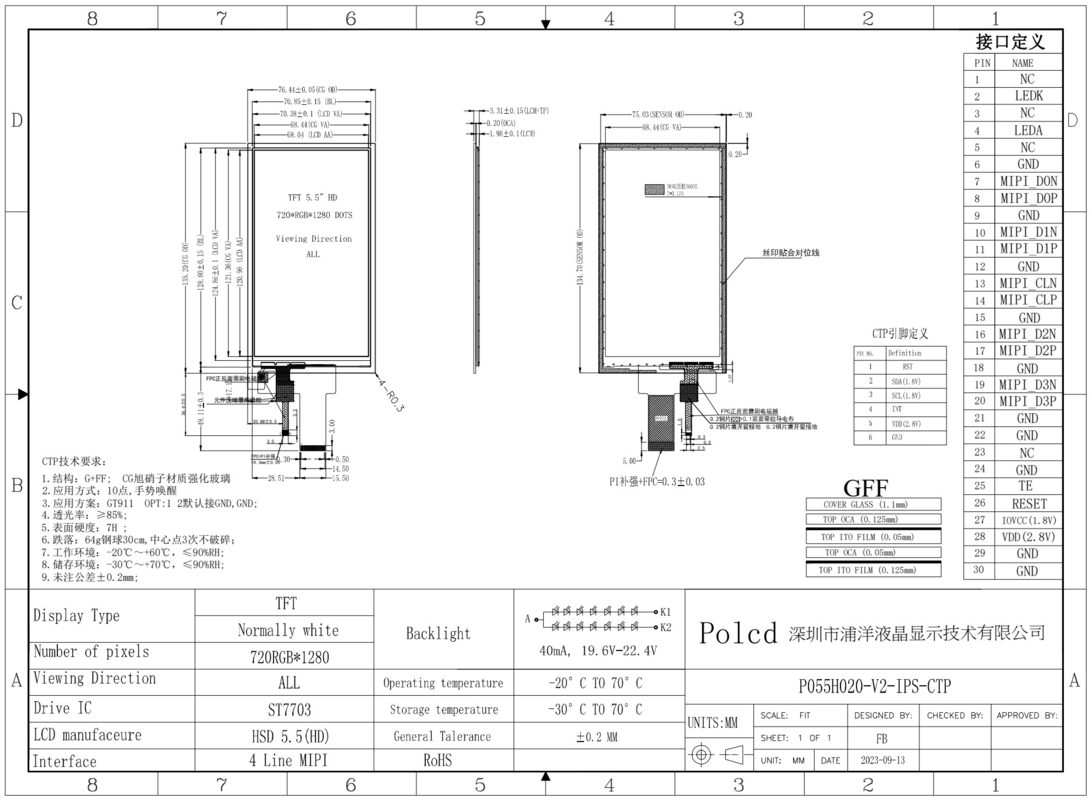 Polcd 5.5 inch IPS TFT LCD 720x1280 Full Viewing Angle với MIPI interface LCD Display Module