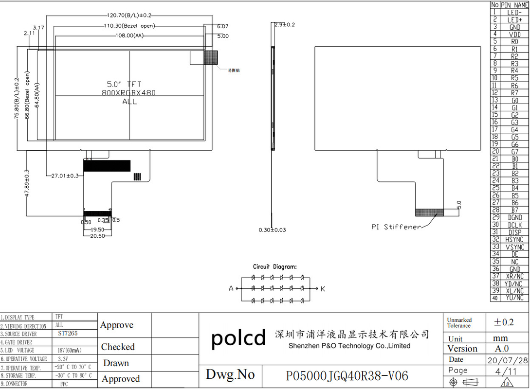 Polcd 5 Inch TFT LCD 800x480 500nits Độ sáng RGB 24 bit Giao diện IPS Screen Module