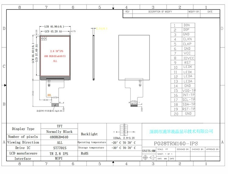 Polcd 2.8 Inch IPS LCD Display với giao diện MIPI 480x640 Độ phân giải 300nits 2.8 