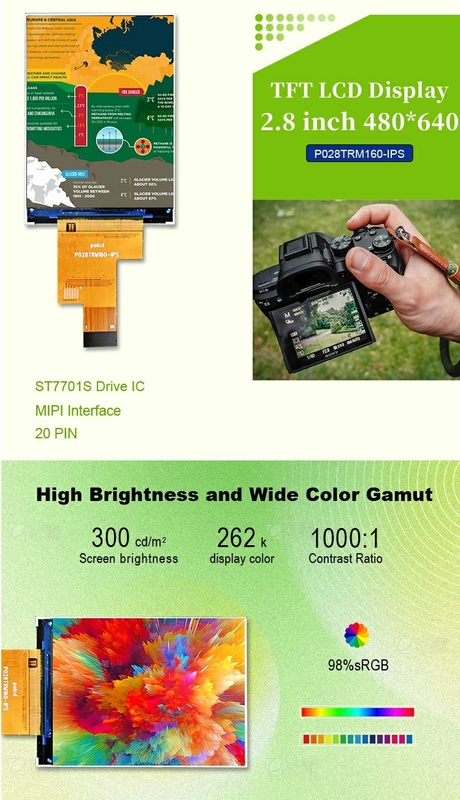 Polcd 2.8 Inch IPS LCD Display với giao diện MIPI 480x640 Độ phân giải 300nits 2.8 