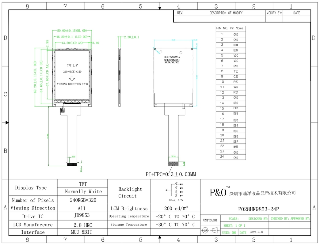 Polcd 2.8 Inch 240 * 320 Độ phân giải 50pin Tft Lcd Screen Display Module 2.8 