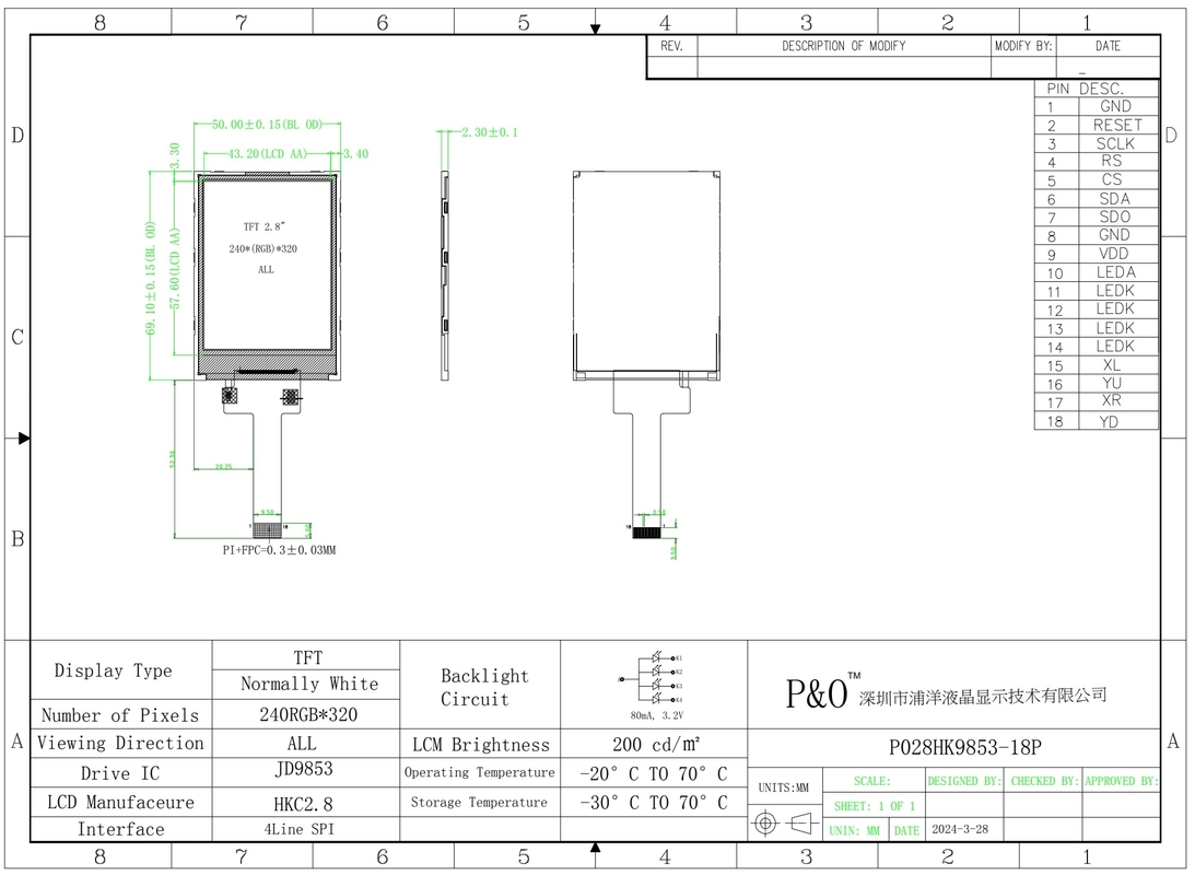 Polcd 2.8 inch 240x320 IPS TFT màn hình LCD SPI JD9853 IC Tất cả các góc nhìn miễn phí Panel Display Module