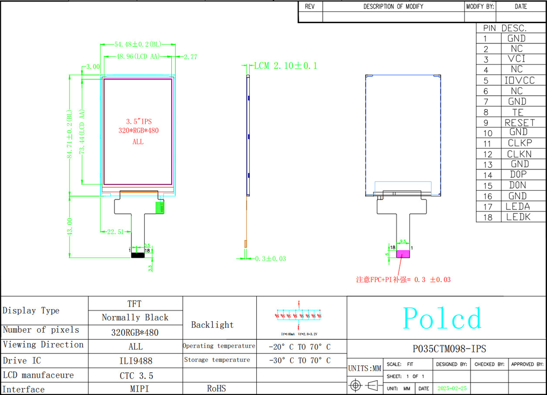Polcd 3.5 Inch IPS TFT LCD 320 * 480 Ili9488 Động cơ Ic 600: 1 Tỷ lệ tương phản LCD