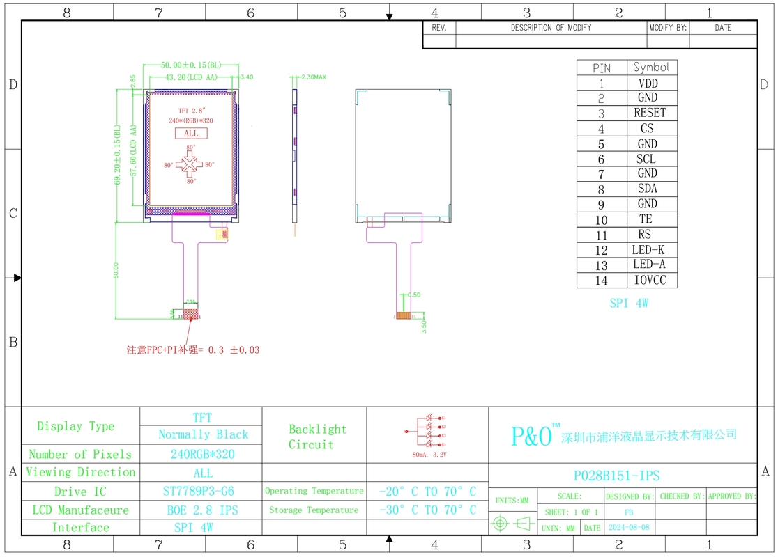 Polcd 2,8 inch ma trận 240x320 TFT Display 20 Pin FPC LCM ST7789 Mô-đun LCD tùy chỉnh của nhà sản xuất