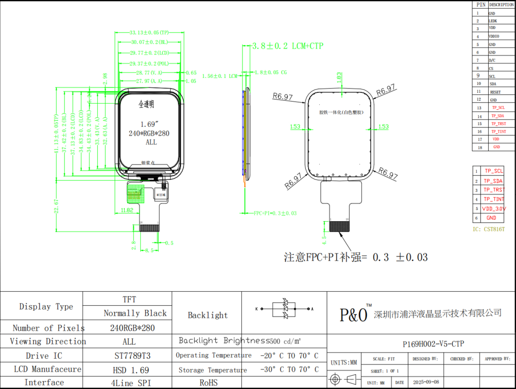 Polcd 1.69 Inch 240x280 TFT Display Module Square LCD Touch Screen Cho Đồng hồ thông minh