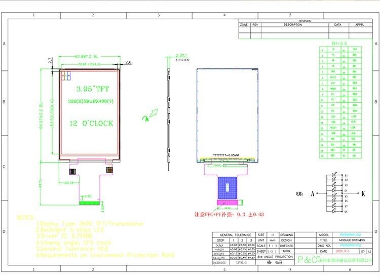 Polcd Custom 3.95 inch 320x480 Ips Tft Lcd RGB giao diện Liquid Crystal Display Module với cảm ứng