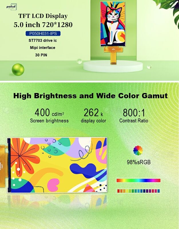 Polcd Custom LCD 5.0 inch TFT Panel IPS LCD Screen 400nit 720x1280 LCM hiển thị mô-đun