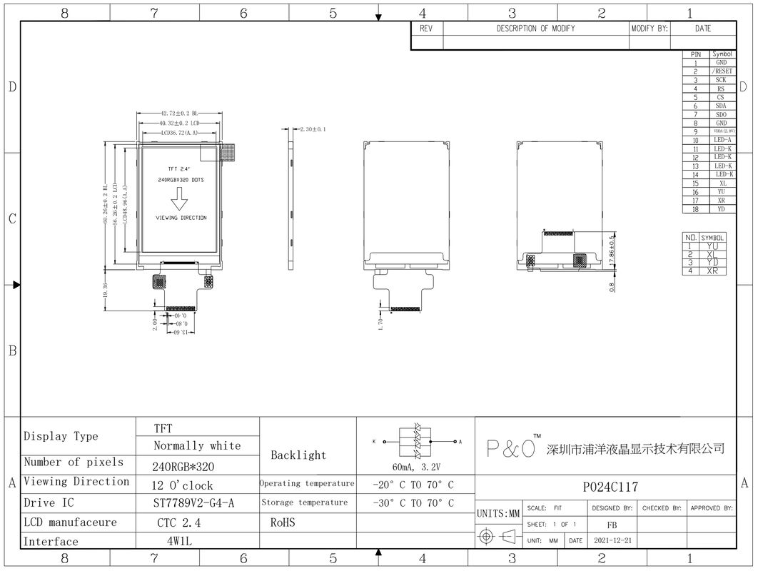 Màn hình LCD Polcd 18 Pin 2.4 Spi Tft Màn hình cảm ứng ST7789V2 Màn hình cảm ứng Tft