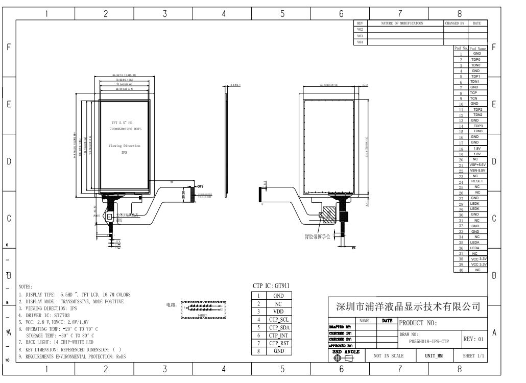 Polcd 5.5 inch TFT Module 750x1080 Độ phân giải màn hình màn hình cảm ứng MIPI Giao diện 40 chân IPS View Angle TFT LCD Display