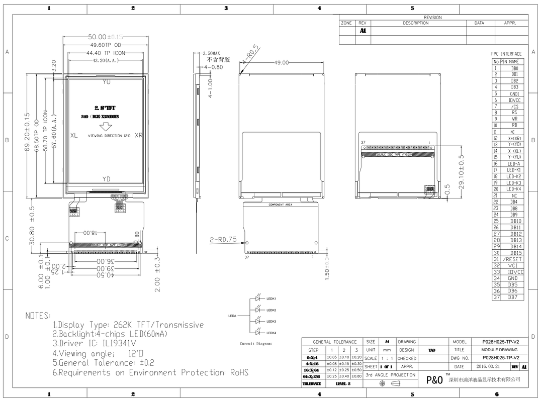 Polcd 240x320 độ phân giải 37 pin TFT LCD ILI9341V ổ đĩa ic Màn hình cảm ứng 2,8 inch