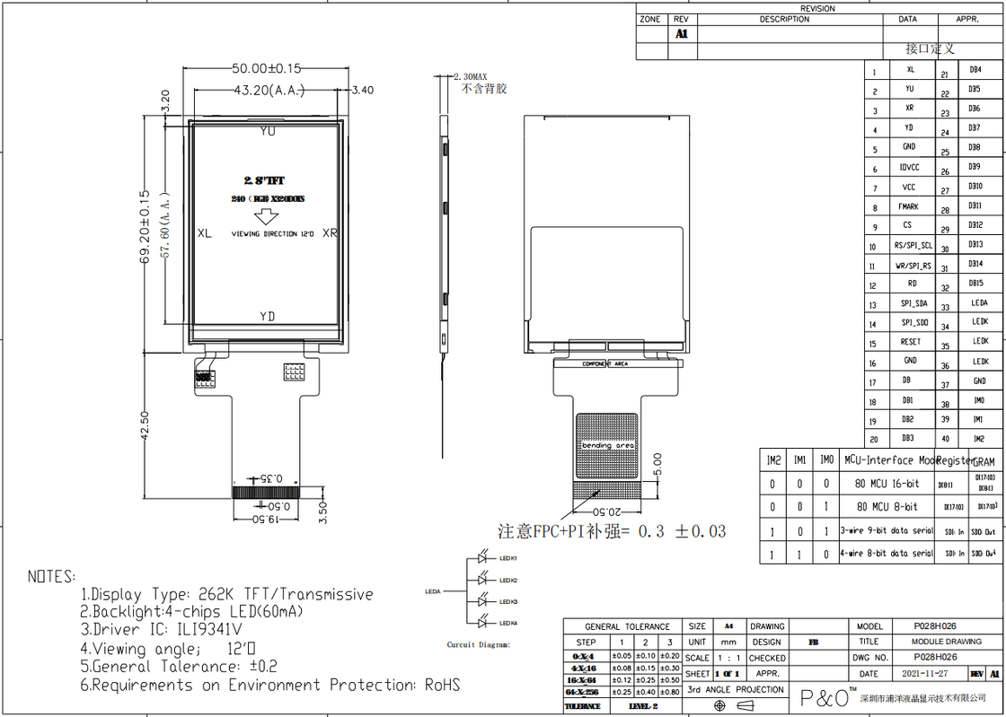 Mô-đun TFT 2.8 inch Polcd Độ phân giải 240x320 SPI Giao diện MCU ILI9341v TFT Transmissive Màn hình LCD 2.8