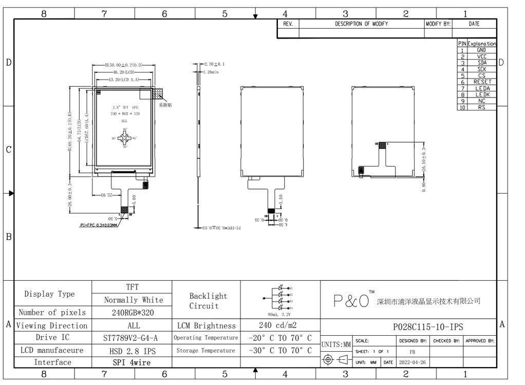 Polcd 2.8 inch IPS Screen LCM Module 240x320 SPI Interface ST7789V Hiển thị LCD TFT độ sáng cao